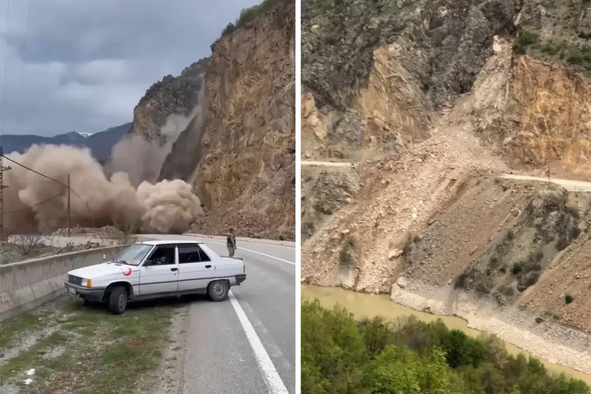 Heyelan paniği! Yamaçtan düşen kayalar yolu kapattı